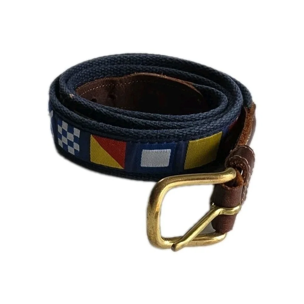 Preston Brand blue 'country flags' belt with leather ends, 42 Made In USA